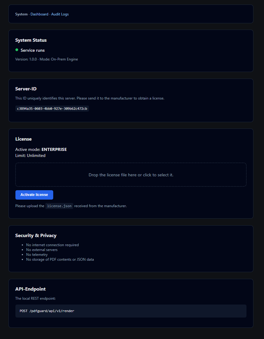 PDFGuard administration interface overview